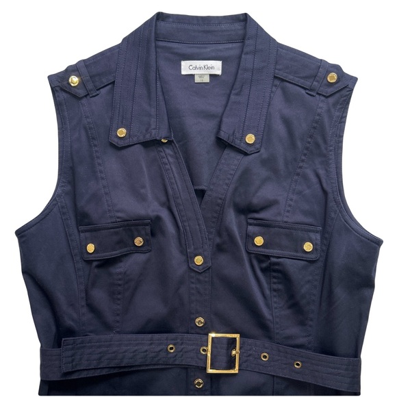 Calvin Klein Shirt Dress Women’s Sz 12 Navy Blue Sleeveless Midi V-Neck Belt - Picture 3 of 12